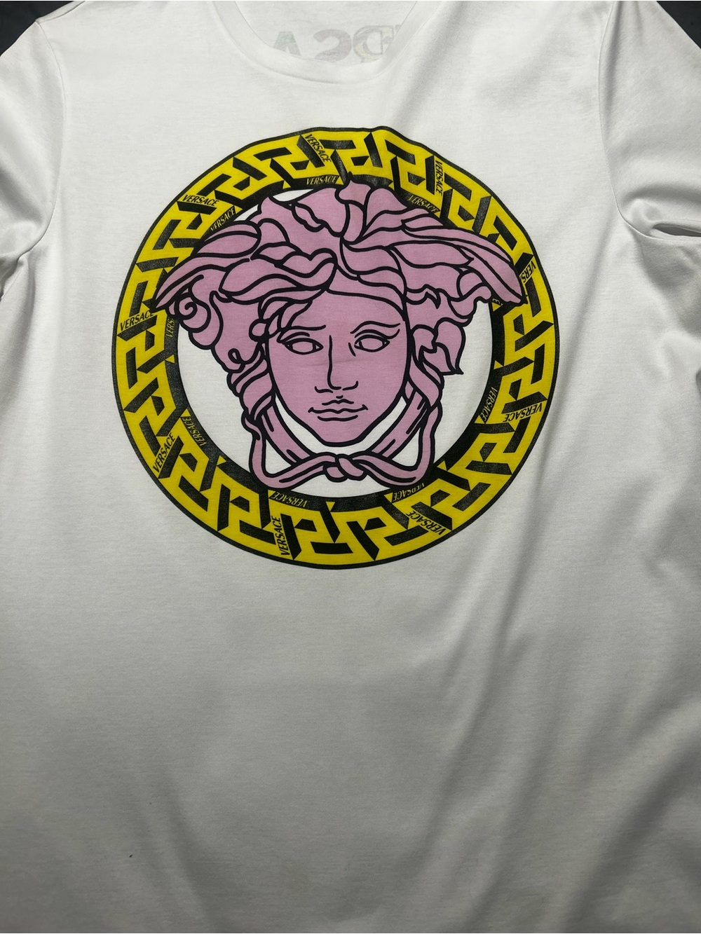 Versace White Tee with Pink Medusa and Yellow Greek Key